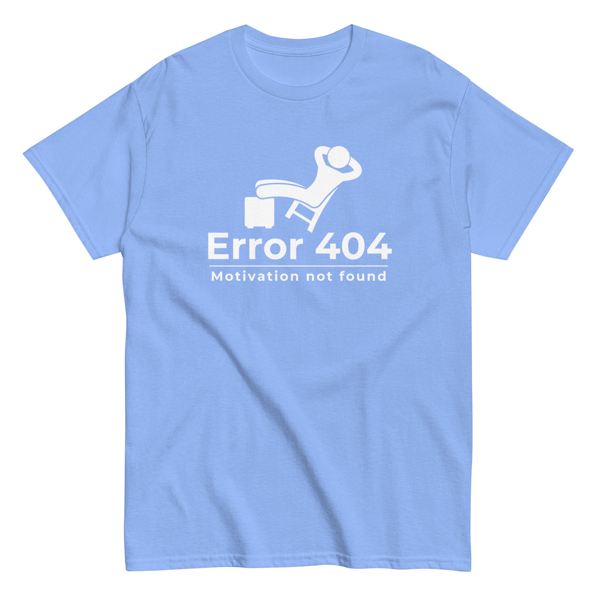 The FunnyDripStore Error 404 T-Shirt in black features a graphic of a relaxed person and the “Motivation not found” caption—perfect for showing off your laid-back mood with humor.