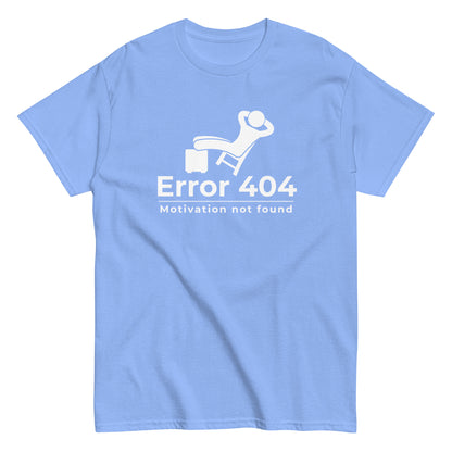 The FunnyDripStore Error 404 T-Shirt in black features a graphic of a relaxed person and the “Motivation not found” caption—perfect for showing off your laid-back mood with humor.