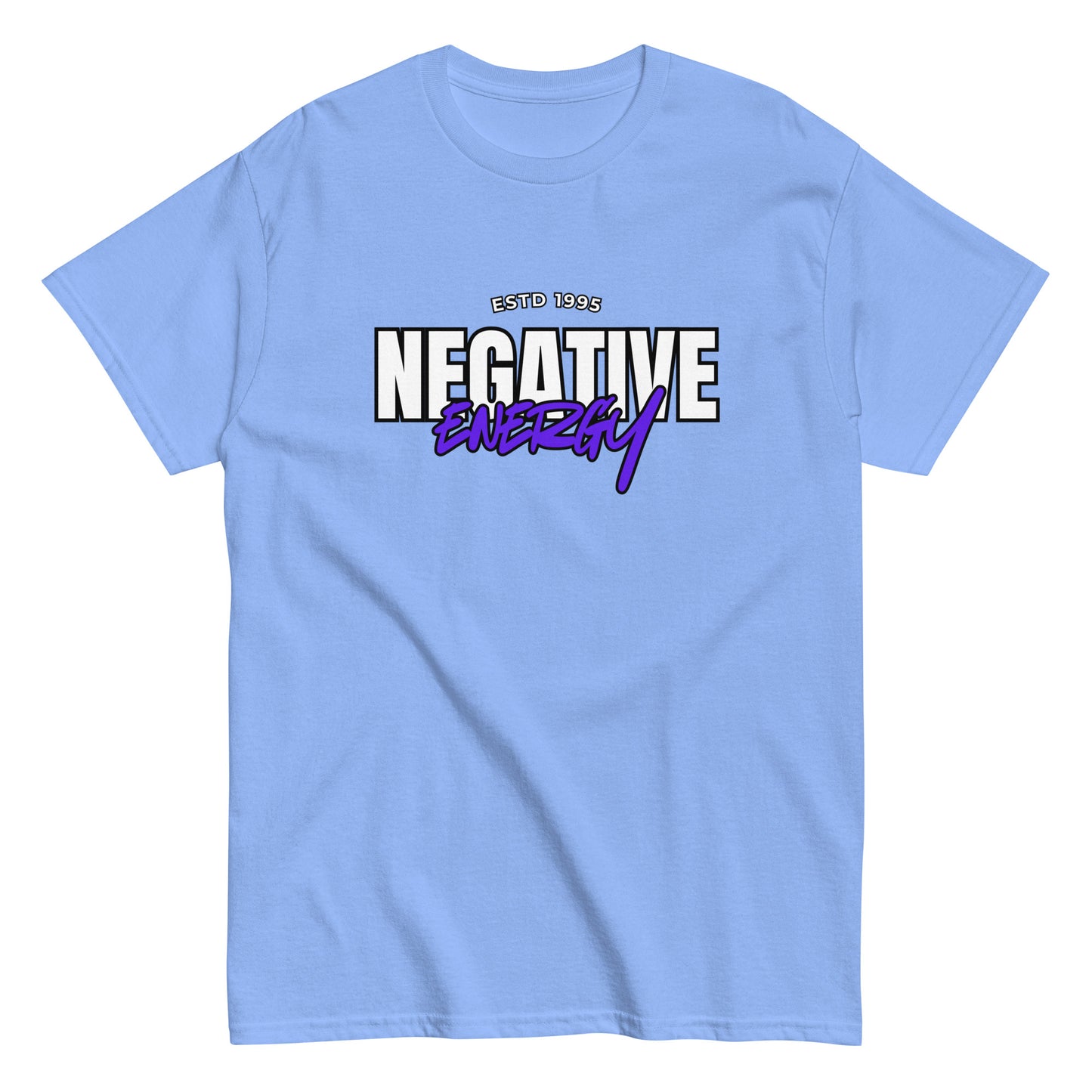 The Negative Energy T-Shirt by FunnyDripStore is a white tee featuring bold black and purple ESTD 1996 NEGATIVE ENERGY lettering—perfect for fans of witty, playful merch.