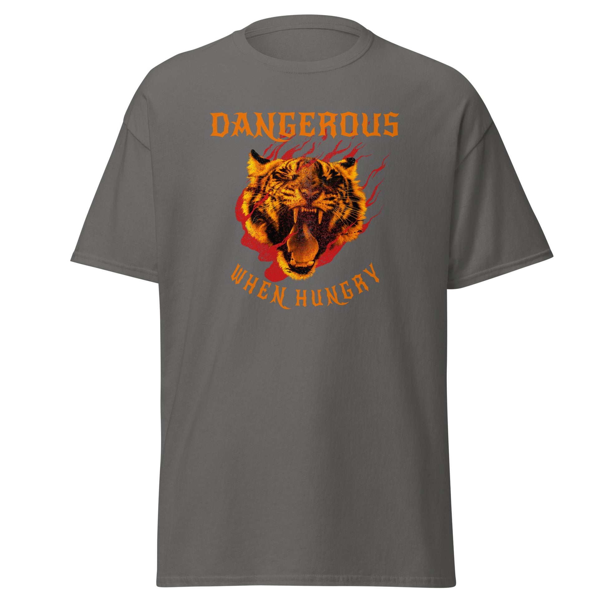 The Dangerous When Hungry T-Shirt by FunnyDripStore features a bold tiger head with flames and yellow-orange text reading DANGEROUS above and WHEN HUNGRY below—perfect for anyone who loves funny, eye-catching style.