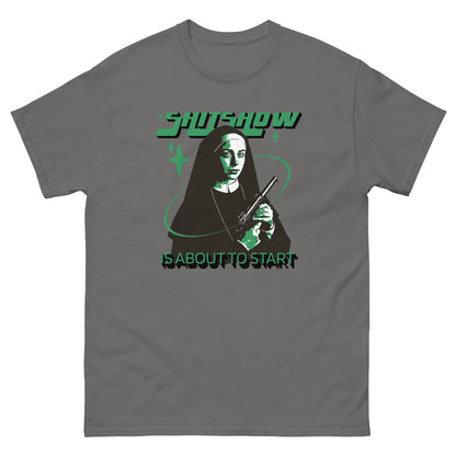 The Shitshow T-Shirt by FunnyDripStore features a nun with a gun, green stars, and bold “SHITSHOW” and “IS ABOUT TO START” text—an edgy, funny tee perfect for humor lovers.