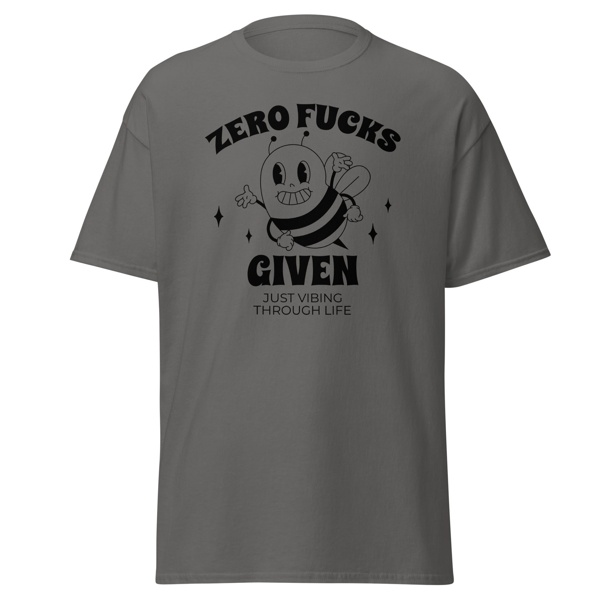 The Zero F*cks Given T-Shirt by FunnyDripStore features a smiling cartoon bee with raised arms, black sparkles, and ZERO F*CKS GIVEN plus JUST VIBING THROUGH LIFE—a perfect funny shirt for meme lovers.