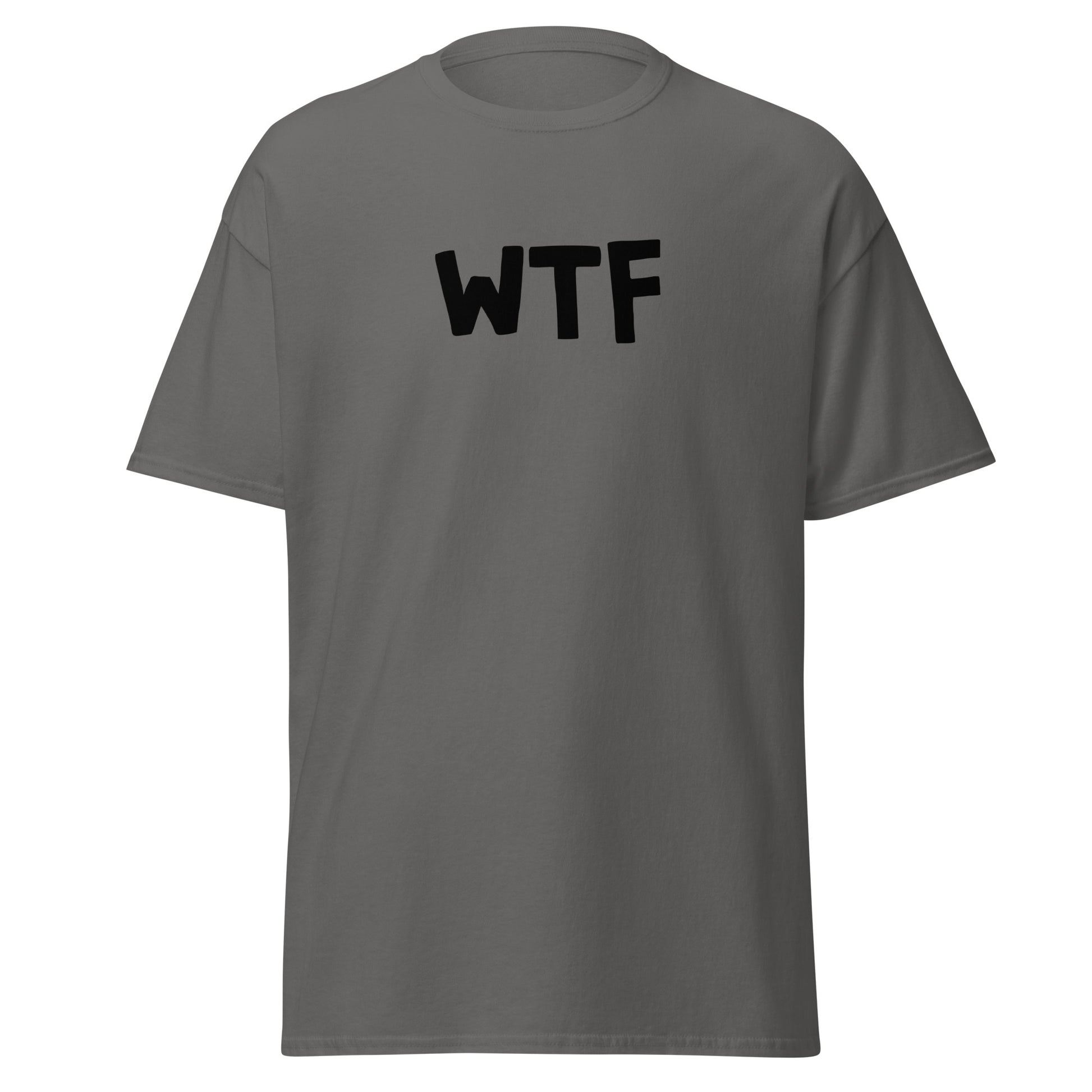 The WTF T-Shirt by FunnyDripStore is a black meme tee with bold, white, cartoon-style WTF lettering—ideal for anyone who loves wearing a funny t-shirt with attitude.