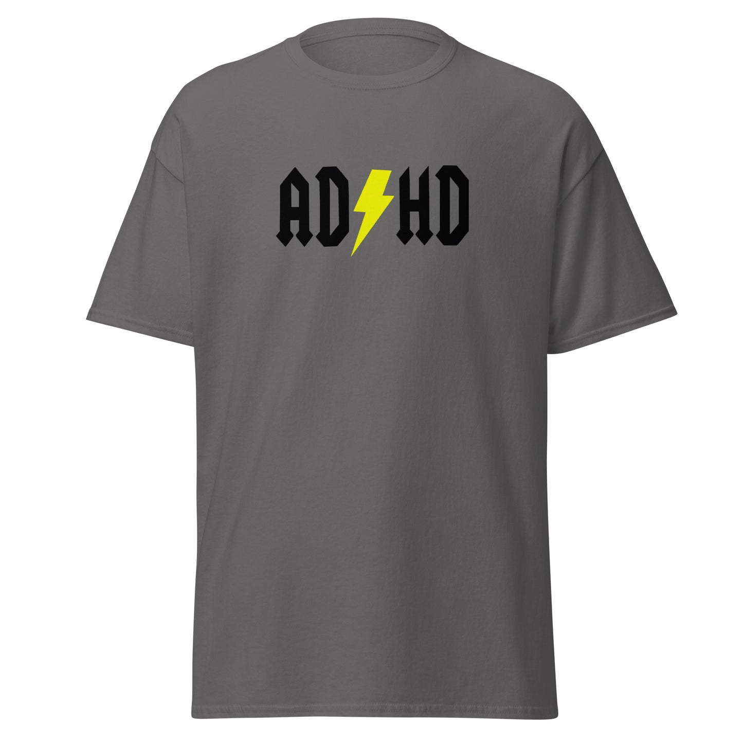 The ADHD T-Shirt by FunnyDripStore features ADHD in bold white letters with a yellow lightning bolt as the second H, styled like the AC/DC logo—a great gift for anyone who loves funny graphic tees.