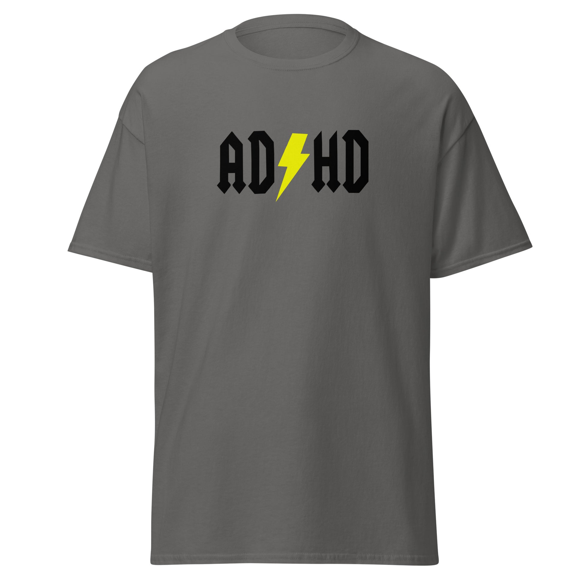 The ADHD T-Shirt by FunnyDripStore features ADHD in bold white letters with a yellow lightning bolt as the second H, styled like the AC/DC logo—a great gift for anyone who loves funny graphic tees.