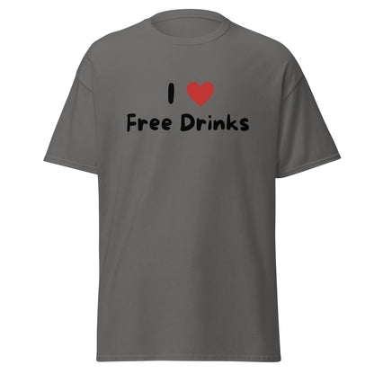 The I Love Free Drinks T-Shirt by FunnyDripStore features “I ❤️ Free Drinks” printed in black and red—an eye-catching, witty shirt perfect for fans of funny clothing.