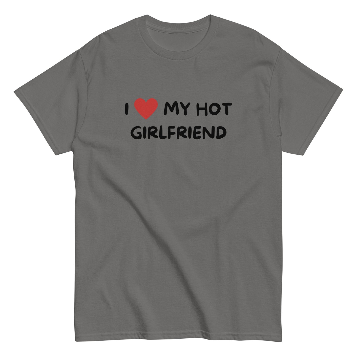 The I Love My Hot Girlfriend T-Shirt by FunnyDripStore features bold white lettering and a red heart on a purple shirt—a fun, standout choice for anyone who loves quirky and eye-catching clothing.