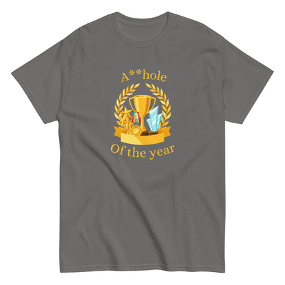 The A**hole Of The Year T-Shirt by FunnyDripStore features a black design with a gold trophy, medals, laurel wreath graphic, and bold yellow text. Perfect funny merch for anyone who loves standout humor.