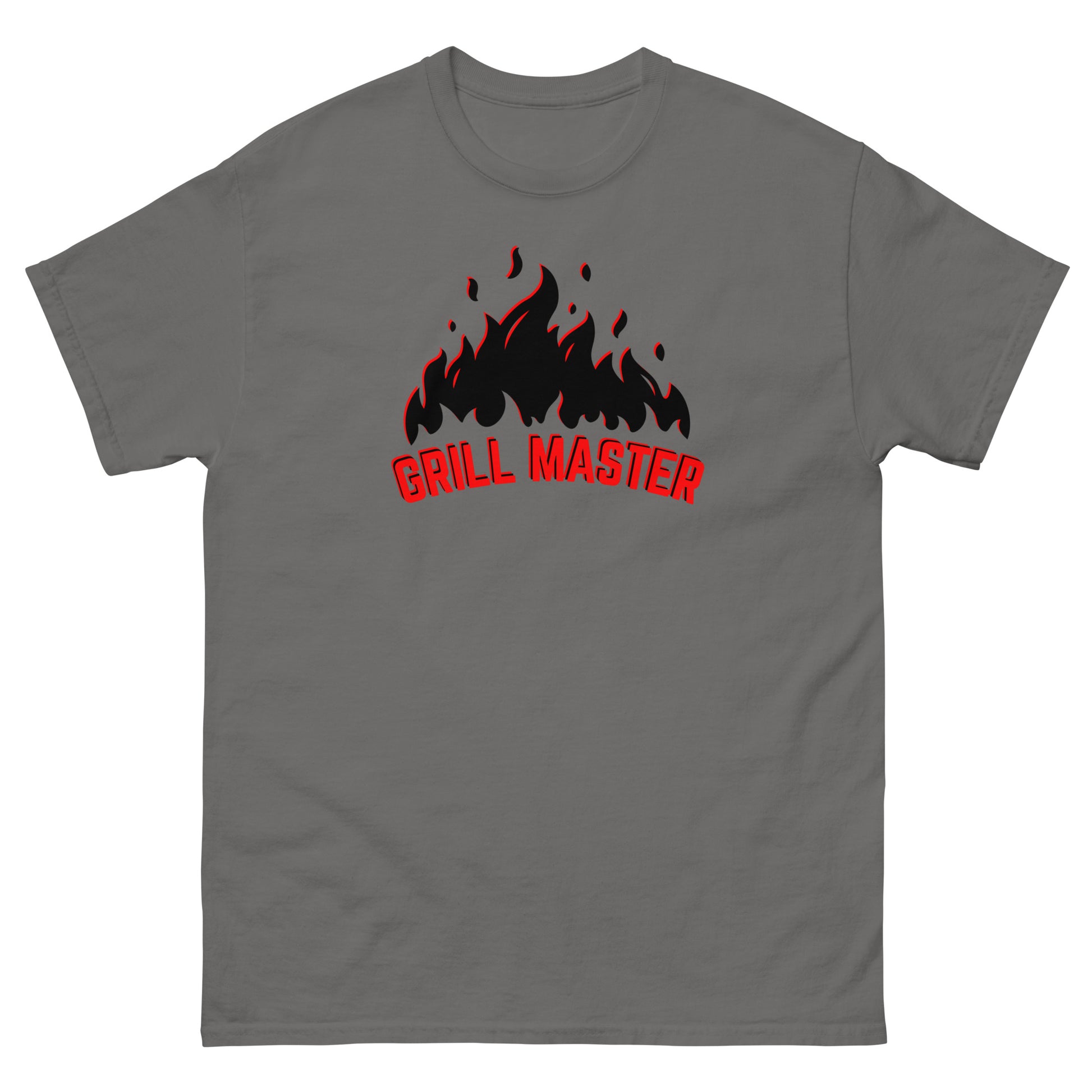 The Grill Master T-Shirt by FunnyDripStore: a yellow tee with black flames above bold red GRILL MASTER text—funny merch perfect for any BBQ lover.
