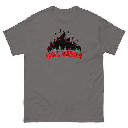 The Grill Master T-Shirt by FunnyDripStore: a yellow tee with black flames above bold red GRILL MASTER text—funny merch perfect for any BBQ lover.