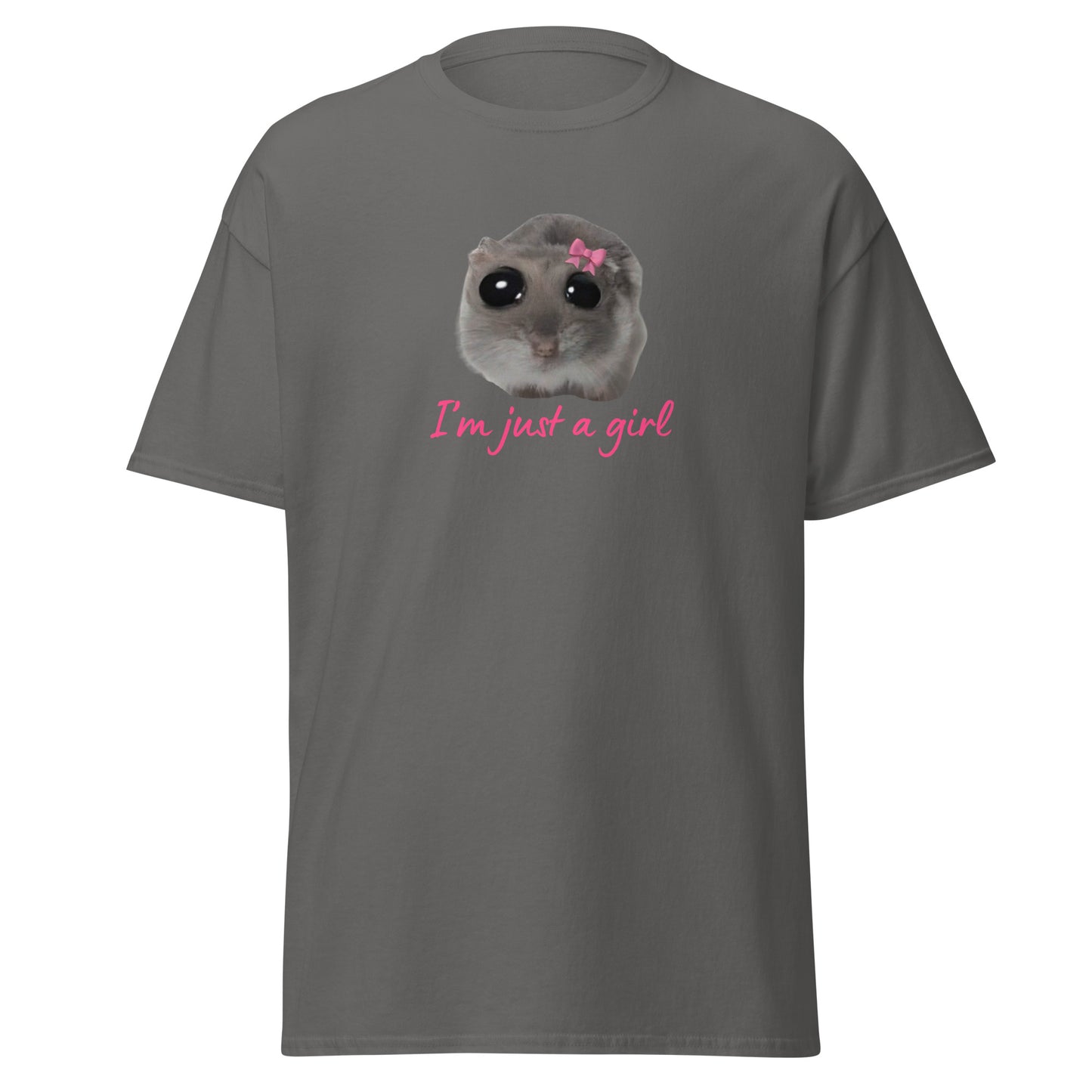 The Im Just A Girl T-Shirt from FunnyDripStore features a cute hamster with a pink bow and large eyes, plus “Im just a girl” in pink cursive—perfect for anyone who loves adorable, quirky text shirts.