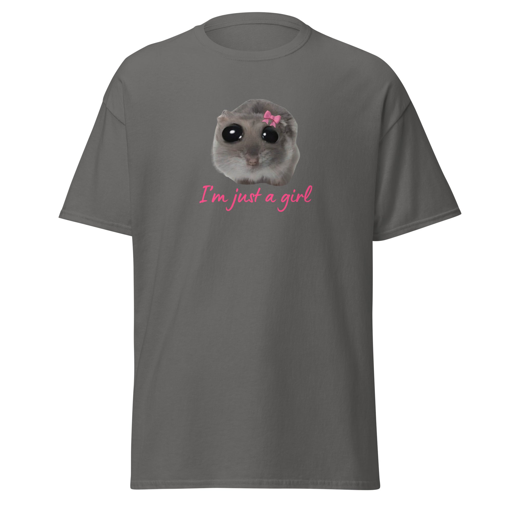 The Im Just A Girl T-Shirt from FunnyDripStore features a cute hamster with a pink bow and large eyes, plus “Im just a girl” in pink cursive—perfect for anyone who loves adorable, quirky text shirts.