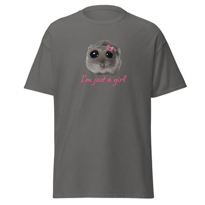 The Im Just A Girl T-Shirt from FunnyDripStore features a cute hamster with a pink bow and large eyes, plus “Im just a girl” in pink cursive—perfect for anyone who loves adorable, quirky text shirts.