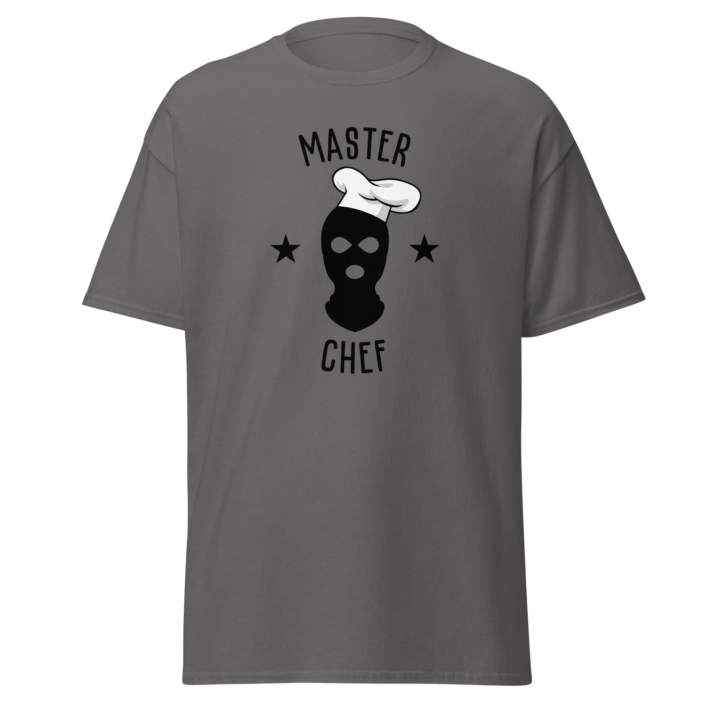 The Master Chef T-Shirt by FunnyDripStore features a black ski mask in a chef’s hat, two black stars, and bold “MASTER CHEF” text above and below the graphic.