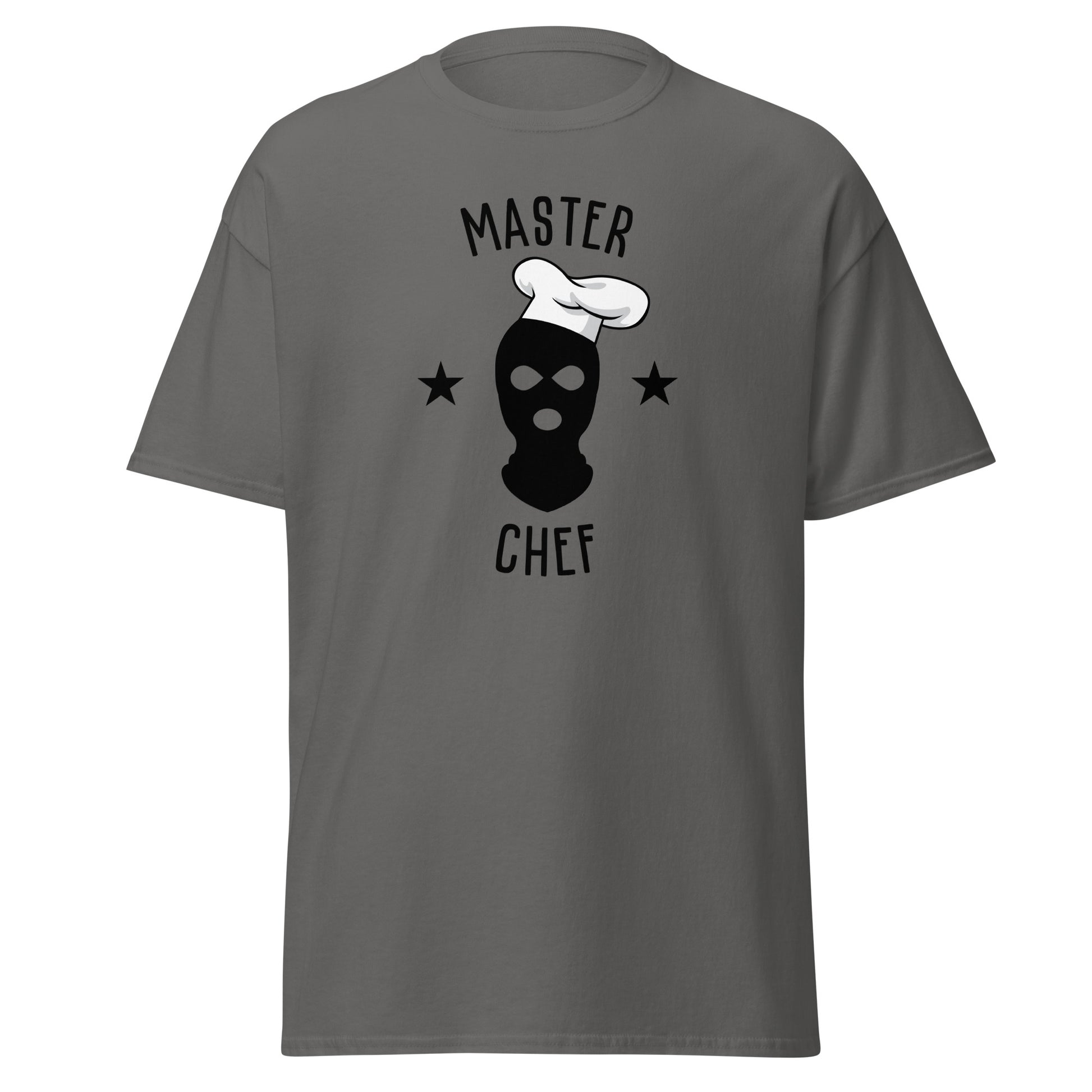 The Master Chef T-Shirt by FunnyDripStore features a black ski mask in a chef’s hat, two black stars, and bold “MASTER CHEF” text above and below the graphic.