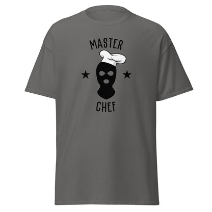 The Master Chef T-Shirt by FunnyDripStore features a black ski mask in a chef’s hat, two black stars, and bold “MASTER CHEF” text above and below the graphic.