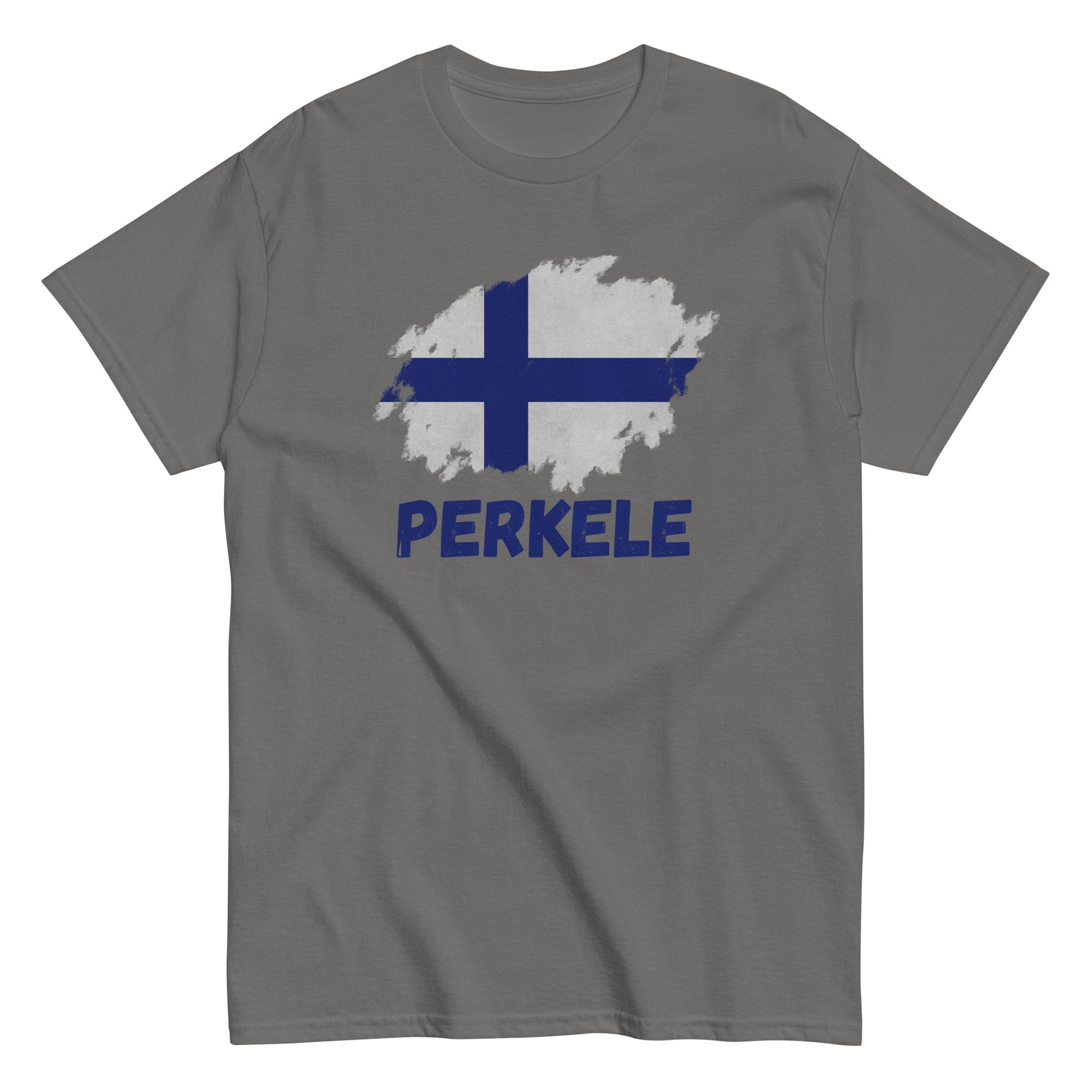 The Perkele T-Shirt by FunnyDripStore features a white design with a brushstroke Finnish flag above bold blue PERKELE text—a unique, funny tee for fans of quirky merch.