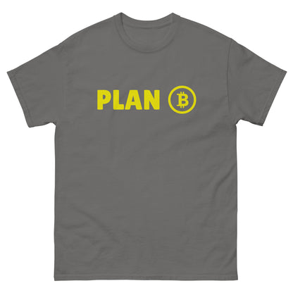 The Plan B T-Shirt from FunnyDripStore features PLAN in bold yellow letters and a yellow Bitcoin symbol inside a circle on the chest—a fun meme shirt perfect for fans of funny clothing.
