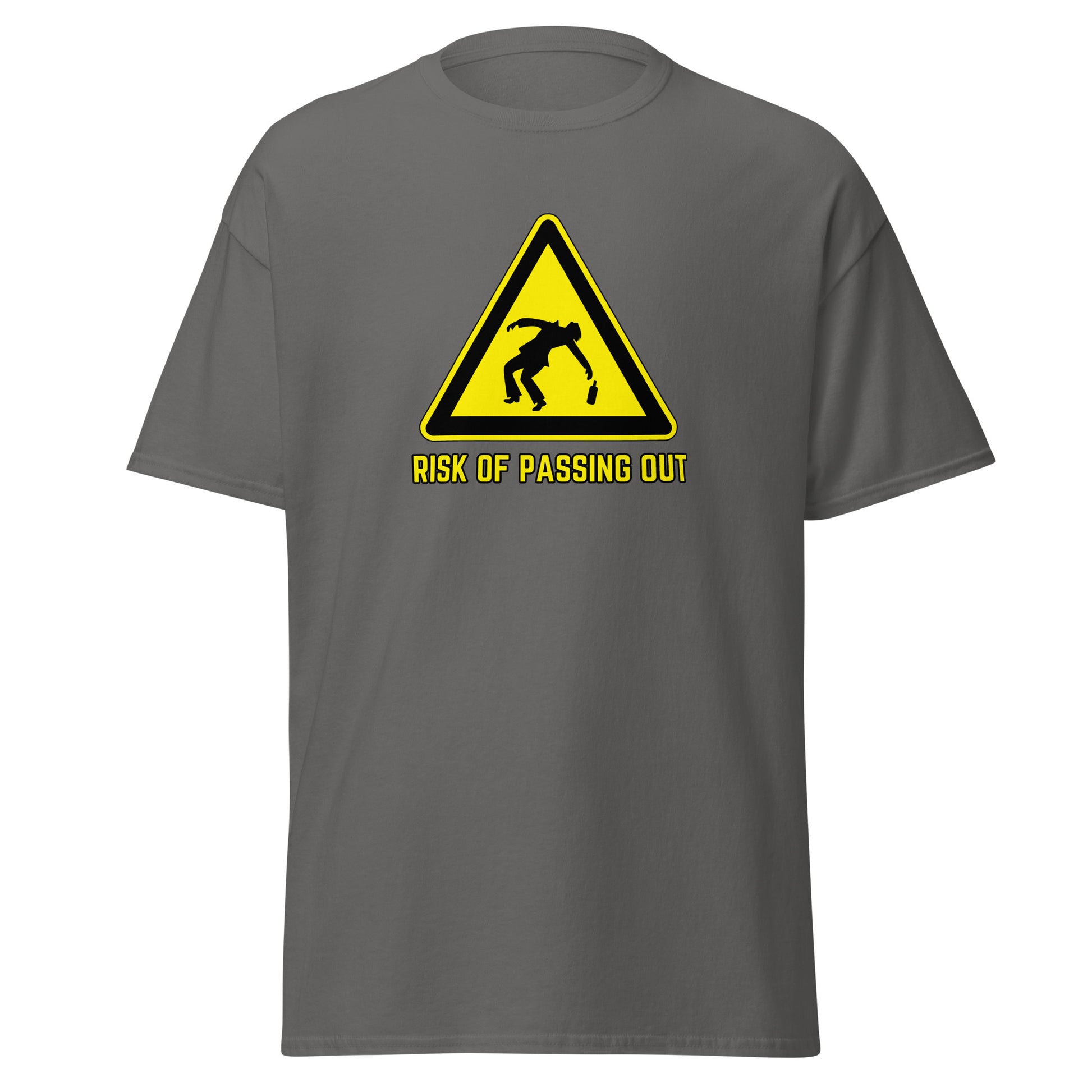 The Risk Of Passing Out T-Shirt by FunnyDripStore is a black tee with a yellow warning sign and “RISK OF PASSING OUT” text—a perfect meme shirt for fans of bold, humorous style.