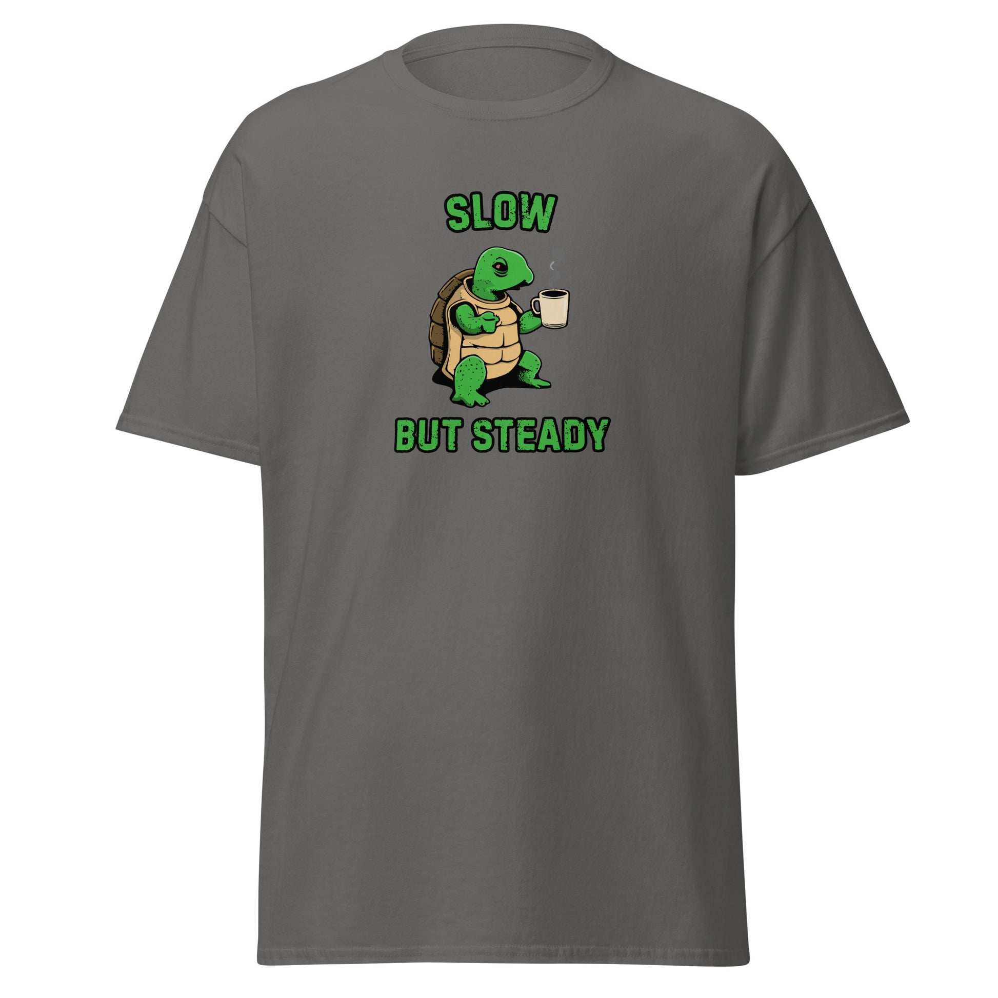 The FunnyDripStore Slow But Steady T-Shirt is a black tee with a cartoon turtle holding a coffee mug and SLOW above and BUT STEADY below in green—perfect meme shirt for coffee lovers.
