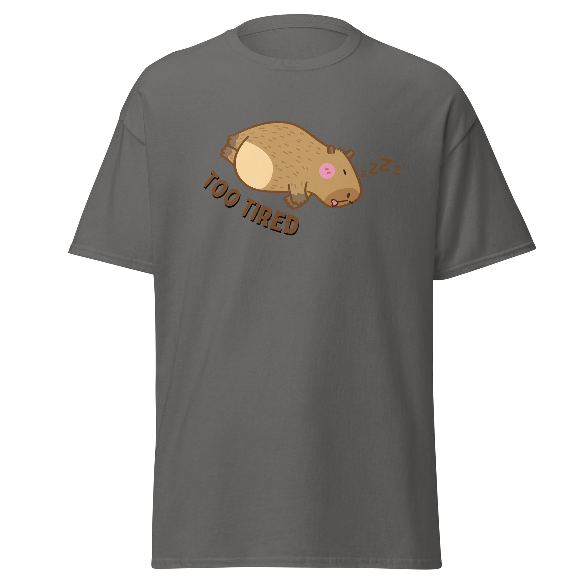 The Too Tired T-Shirt by FunnyDripStore is a white tee with a cute cartoon capybara sleeping on its side and TOO TIRED text—ideal for fans of funny clothing and charming, sleepy vibes.