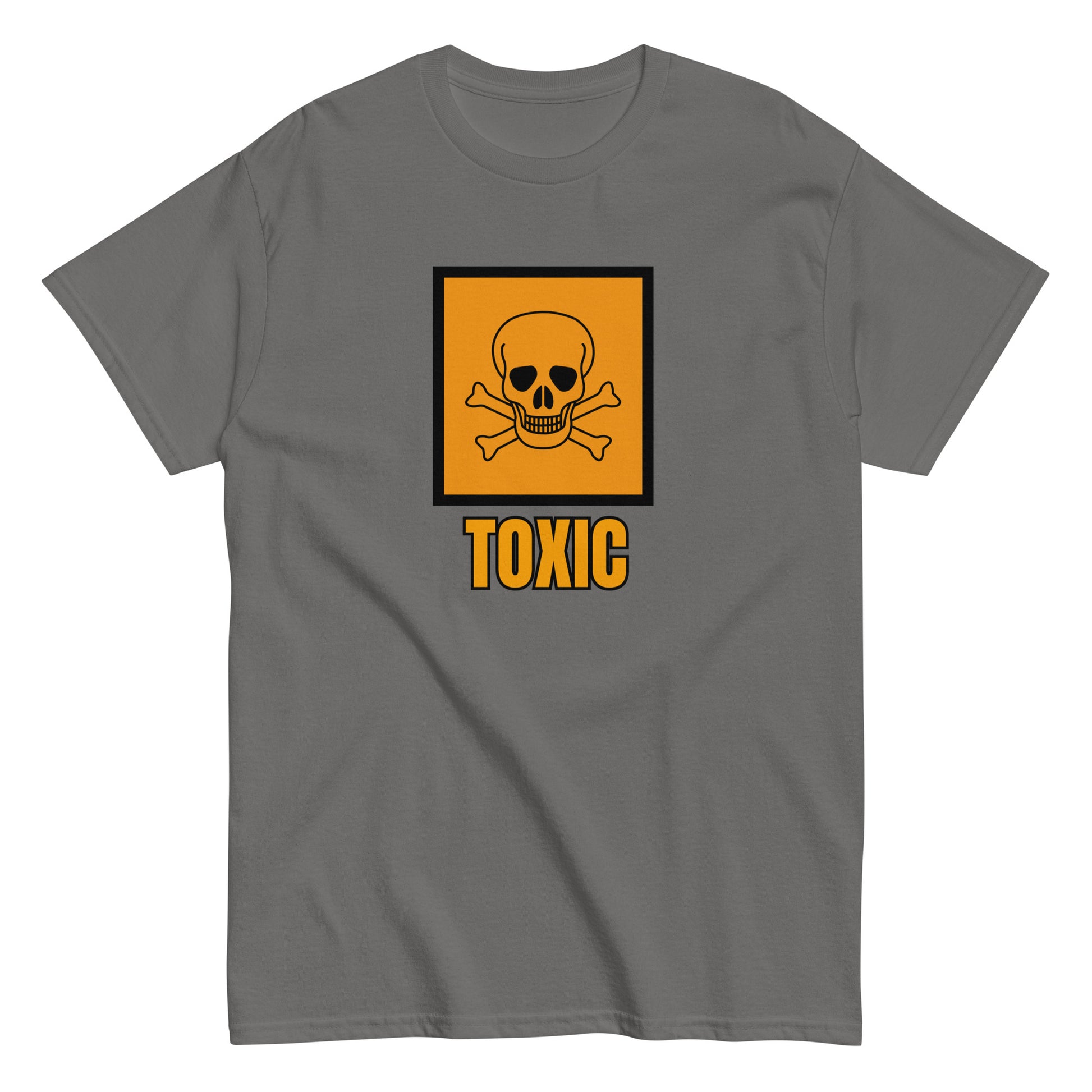 The FunnyDripStore Toxic T-Shirt features a bold yellow square with a black skull and crossbones above TOXIC in yellow on the front. This black meme shirt is perfect for those who love humorous clothing.