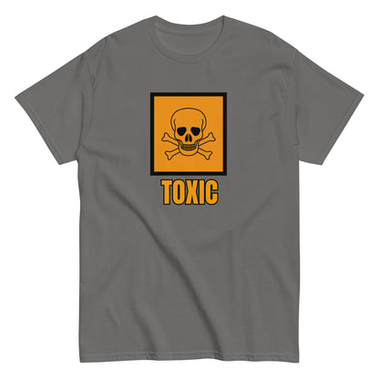 The FunnyDripStore Toxic T-Shirt features a bold yellow square with a black skull and crossbones above TOXIC in yellow on the front. This black meme shirt is perfect for those who love humorous clothing.