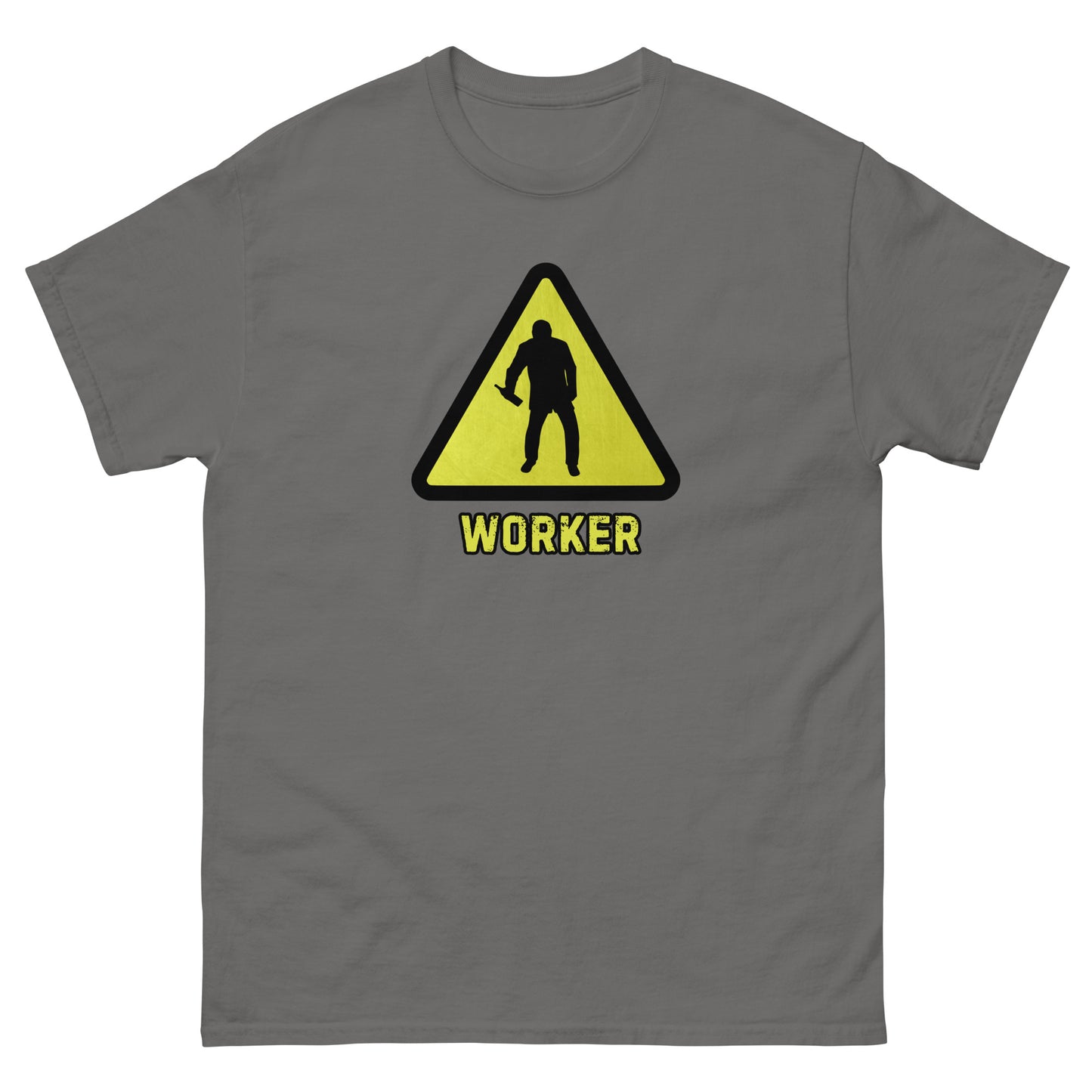 The Worker T-Shirt by FunnyDripStore features a yellow triangular warning sign with a worker silhouette and bold yellow WORKER text on black—a funny shirt for anyone who enjoys meme apparel and humorous graphic tees.