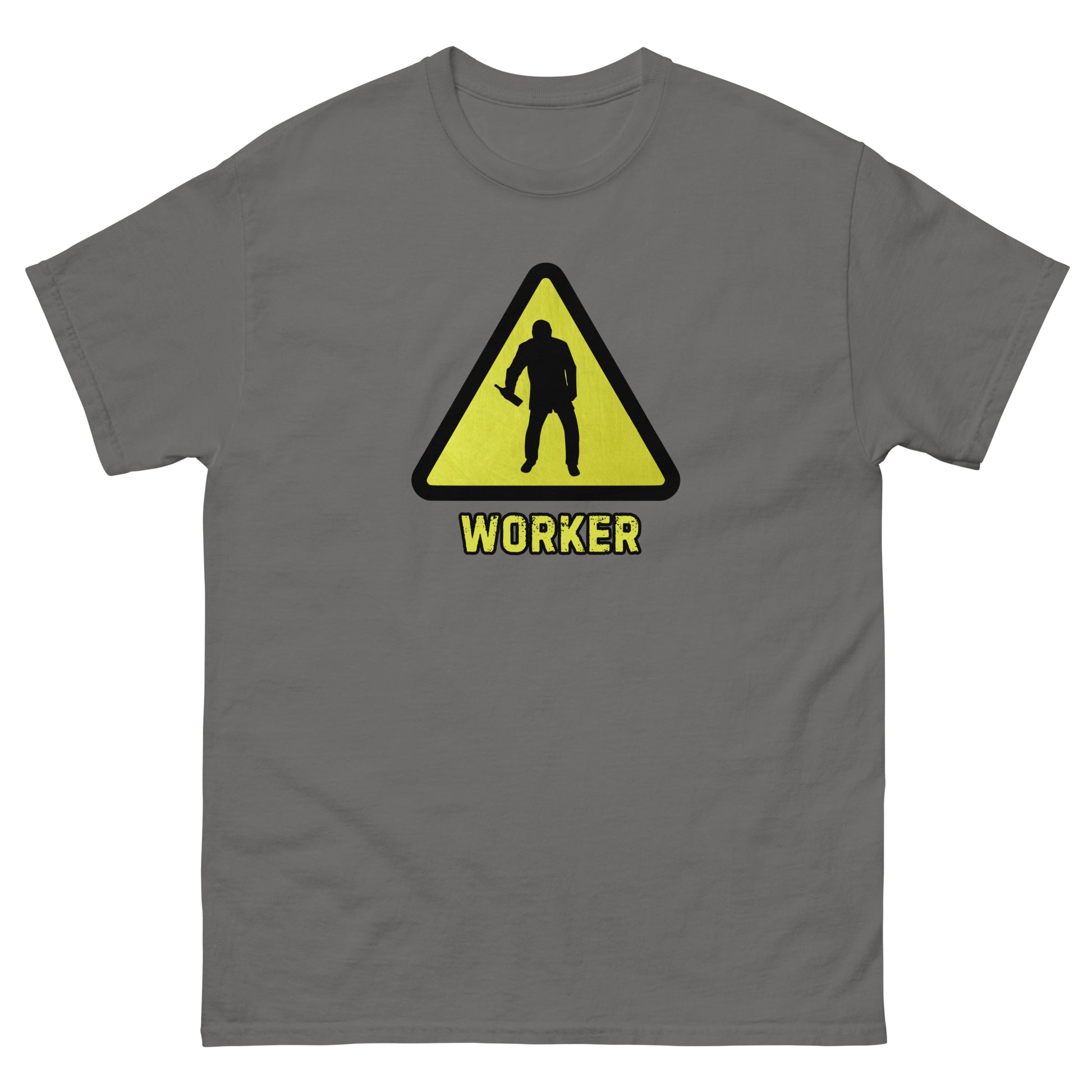 The Worker T-Shirt by FunnyDripStore features a yellow triangular warning sign with a worker silhouette and bold yellow WORKER text on black—a funny shirt for anyone who enjoys meme apparel and humorous graphic tees.