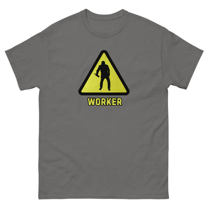 The Worker T-Shirt by FunnyDripStore features a yellow triangular warning sign with a worker silhouette and bold yellow WORKER text on black—a funny shirt for anyone who enjoys meme apparel and humorous graphic tees.