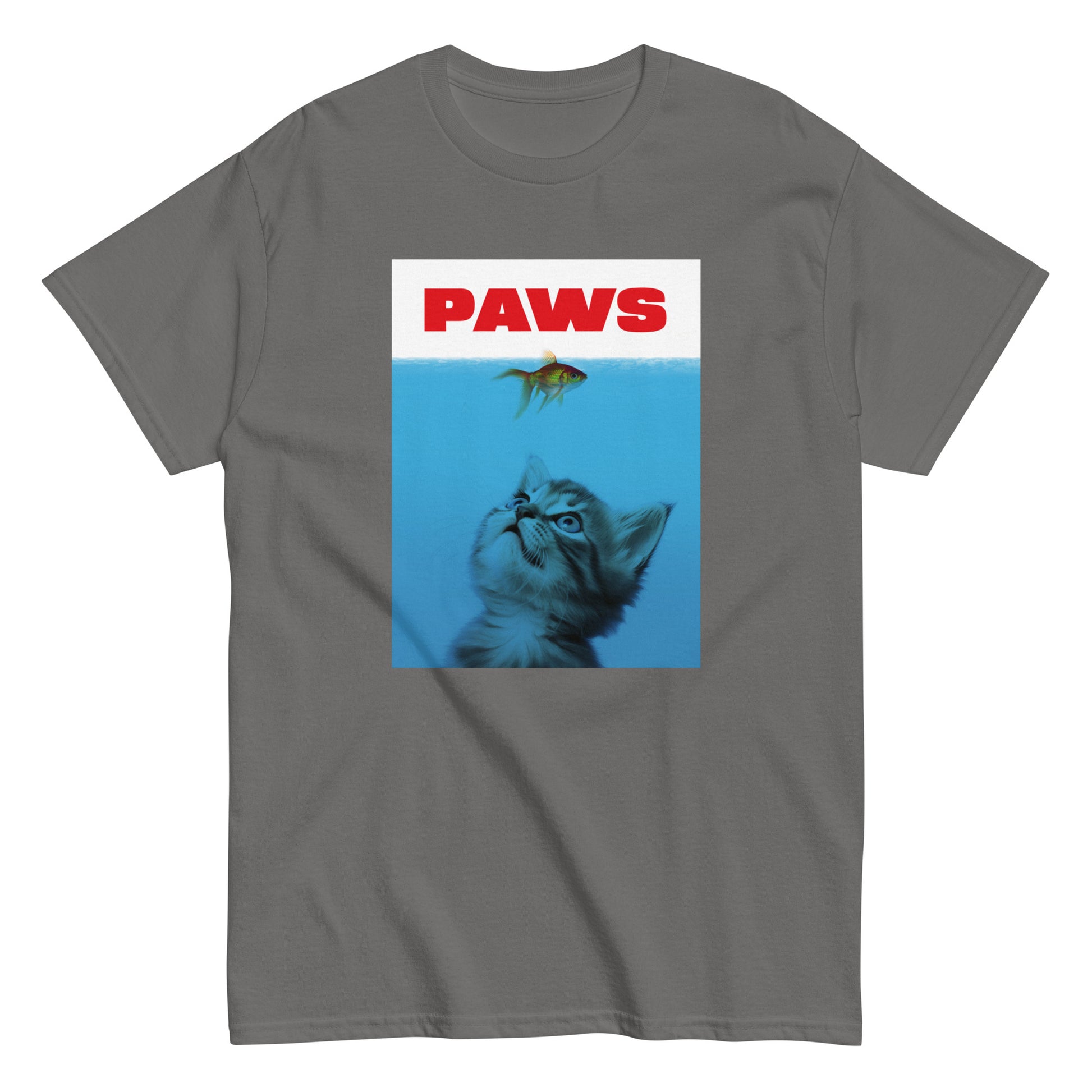 The Paws T-Shirt by FunnyDripStore features a kitten underwater eyeing a goldfish, with PAWS in bold red— a humorous meme shirt parodying the classic Jaws poster.
