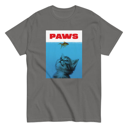 The Paws T-Shirt by FunnyDripStore features a kitten underwater eyeing a goldfish, with PAWS in bold red— a humorous meme shirt parodying the classic Jaws poster.