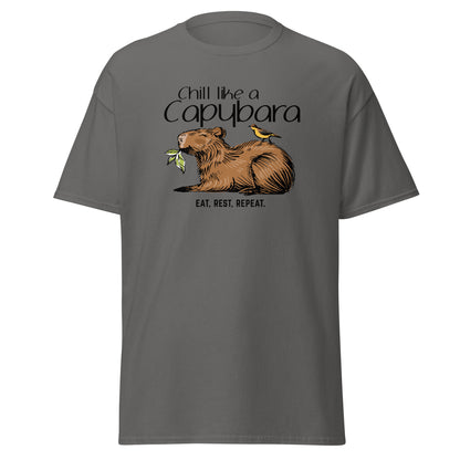 Chill Like A Capybara T-Shirt by FunnyDripStore: White tee with a relaxed capybara and bird eating a leaf, captioned “Chill like a Capybara” above and “Eat, rest, repeat” below. Perfect funny shirt for laid-back meme lovers!.
