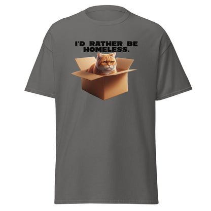 The Id Rather Be Homeless T-Shirt by FunnyDripStore features a grumpy orange cat in a box on a gold tee—perfect quirky merch for cat lovers and fans of clever text shirts.