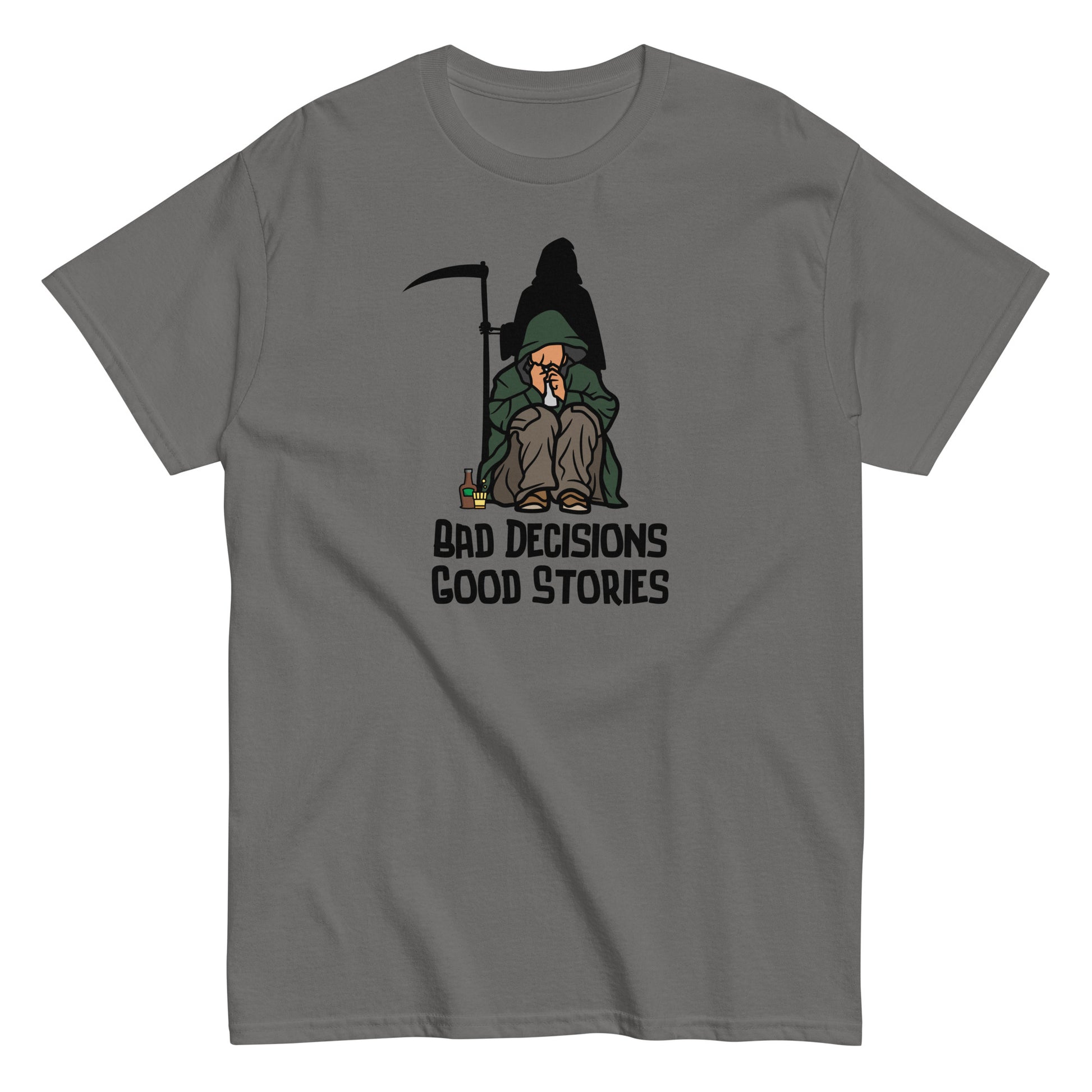 The FunnyDripStore Bad Decisions Good Stories T-Shirt is a white tee featuring a cartoon Grim Reaper with a drink and cigarette, plus bold text—perfect for fans of witty and funny style.