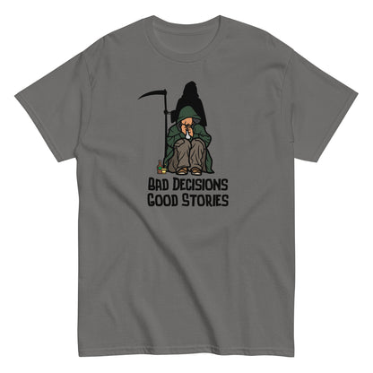 The FunnyDripStore Bad Decisions Good Stories T-Shirt is a white tee featuring a cartoon Grim Reaper with a drink and cigarette, plus bold text—perfect for fans of witty and funny style.