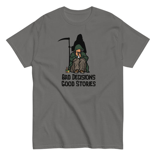 The FunnyDripStore Bad Decisions Good Stories T-Shirt is a white tee featuring a cartoon Grim Reaper with a drink and cigarette, plus bold text—perfect for fans of witty and funny style.