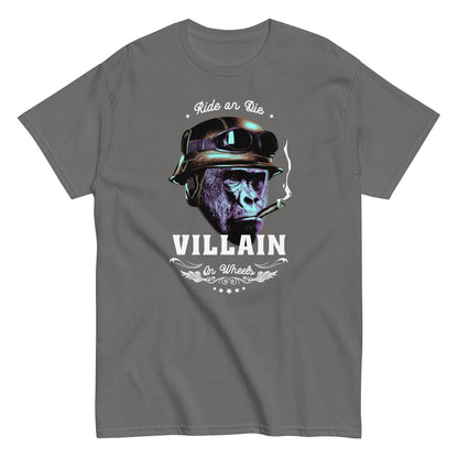 The Villain T-Shirt by FunnyDripStore features a gorilla in a helmet and goggles, smoking a cigarette, with Ride or Die above and Villain on Wheels below. This bold black tee is perfect for fans of unique, funny clothing.