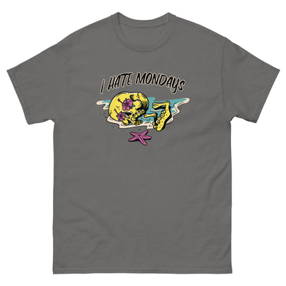 The FunnyDripStore I Hate Mondays T-Shirt in white features a cartoon skeleton lounging on the beach with sunglasses, drink, and starfish, plus bold I HATE MONDAYS text—a perfect funny merch gift.