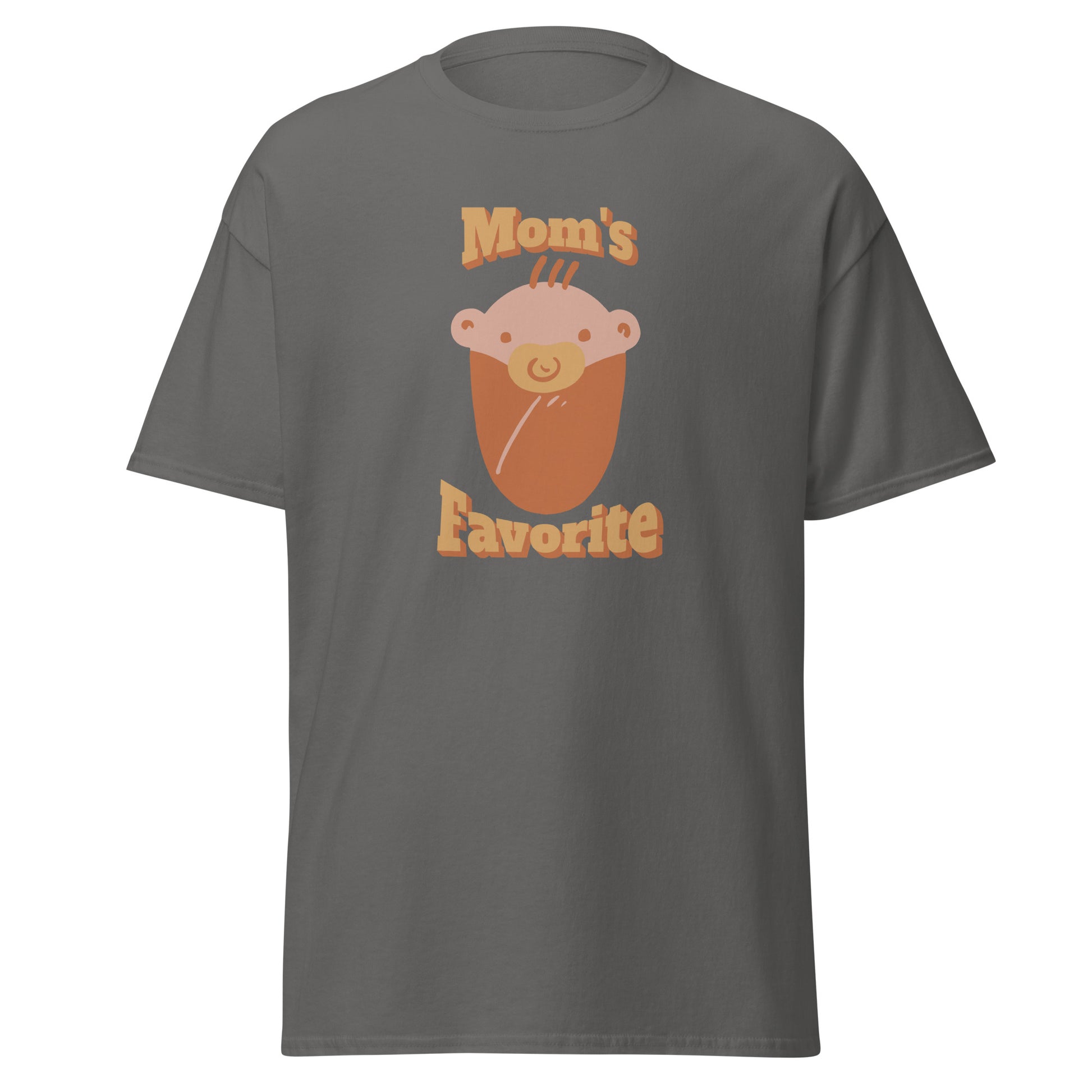 FunnyDripStore’s Moms Favorite T-Shirt in black features a cartoon baby face with a pacifier and “Moms Favorite” text in light brown—a playful, funny tee perfect for anyone who loves to show off their sense of humor!.