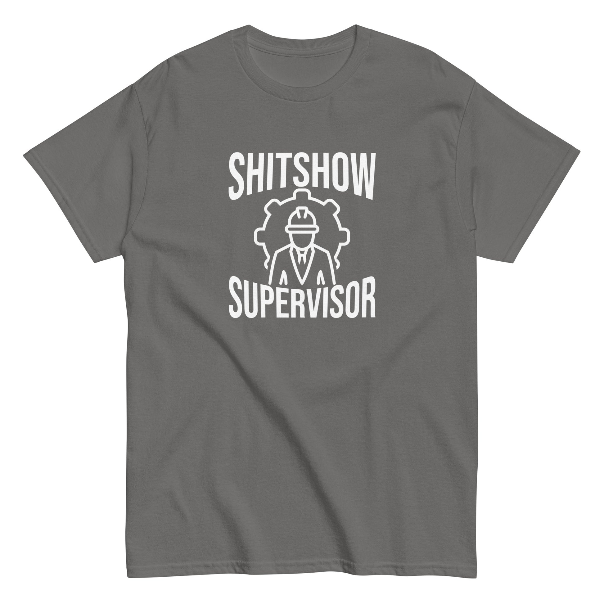 The Shitshow Supervisor T-Shirt by FunnyDripStore features “SHITSHOW SUPERVISOR” in white and a supervisor line drawing—perfect funny merch for meme lovers seeking humor tees.