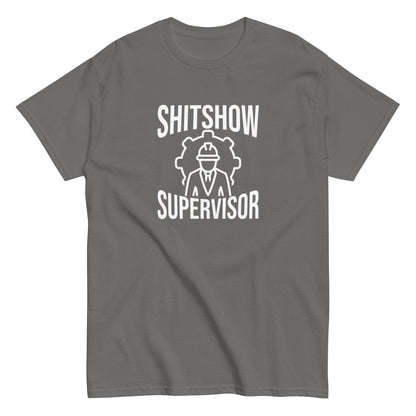 The Shitshow Supervisor T-Shirt by FunnyDripStore features “SHITSHOW SUPERVISOR” in white and a supervisor line drawing—perfect funny merch for meme lovers seeking humor tees.