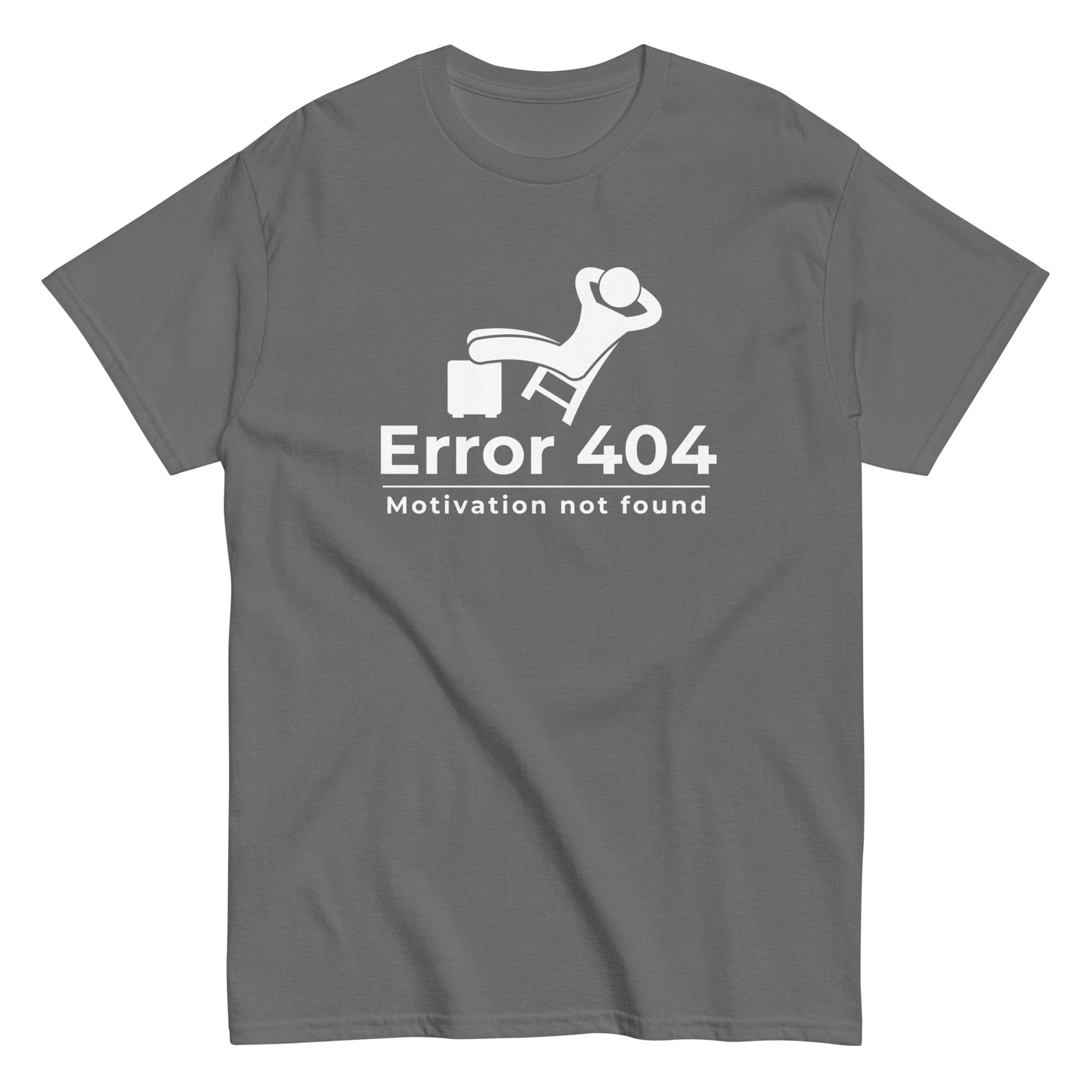 The FunnyDripStore Error 404 T-Shirt in black features a graphic of a relaxed person and the “Motivation not found” caption—perfect for showing off your laid-back mood with humor.
