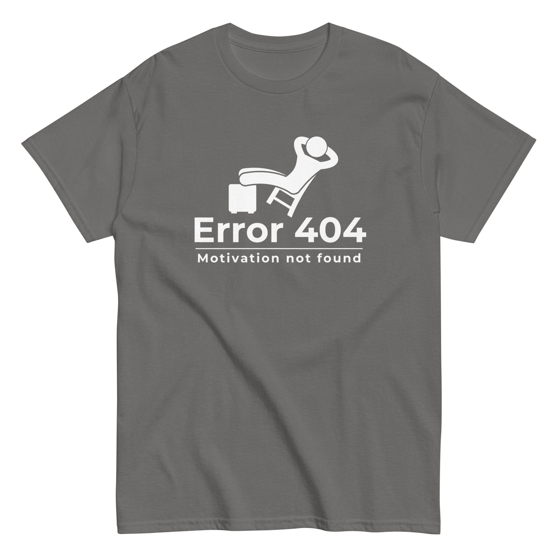 The FunnyDripStore Error 404 T-Shirt in black features a graphic of a relaxed person and the “Motivation not found” caption—perfect for showing off your laid-back mood with humor.