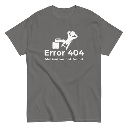 The FunnyDripStore Error 404 T-Shirt in black features a graphic of a relaxed person and the “Motivation not found” caption—perfect for showing off your laid-back mood with humor.
