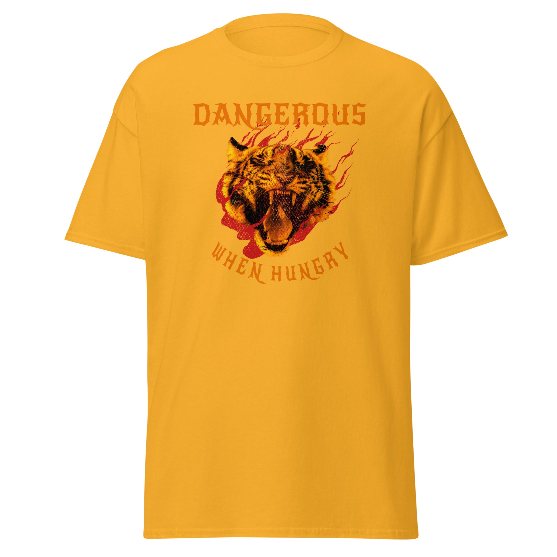 The Dangerous When Hungry T-Shirt by FunnyDripStore features a bold tiger head with flames and yellow-orange text reading DANGEROUS above and WHEN HUNGRY below—perfect for anyone who loves funny, eye-catching style.