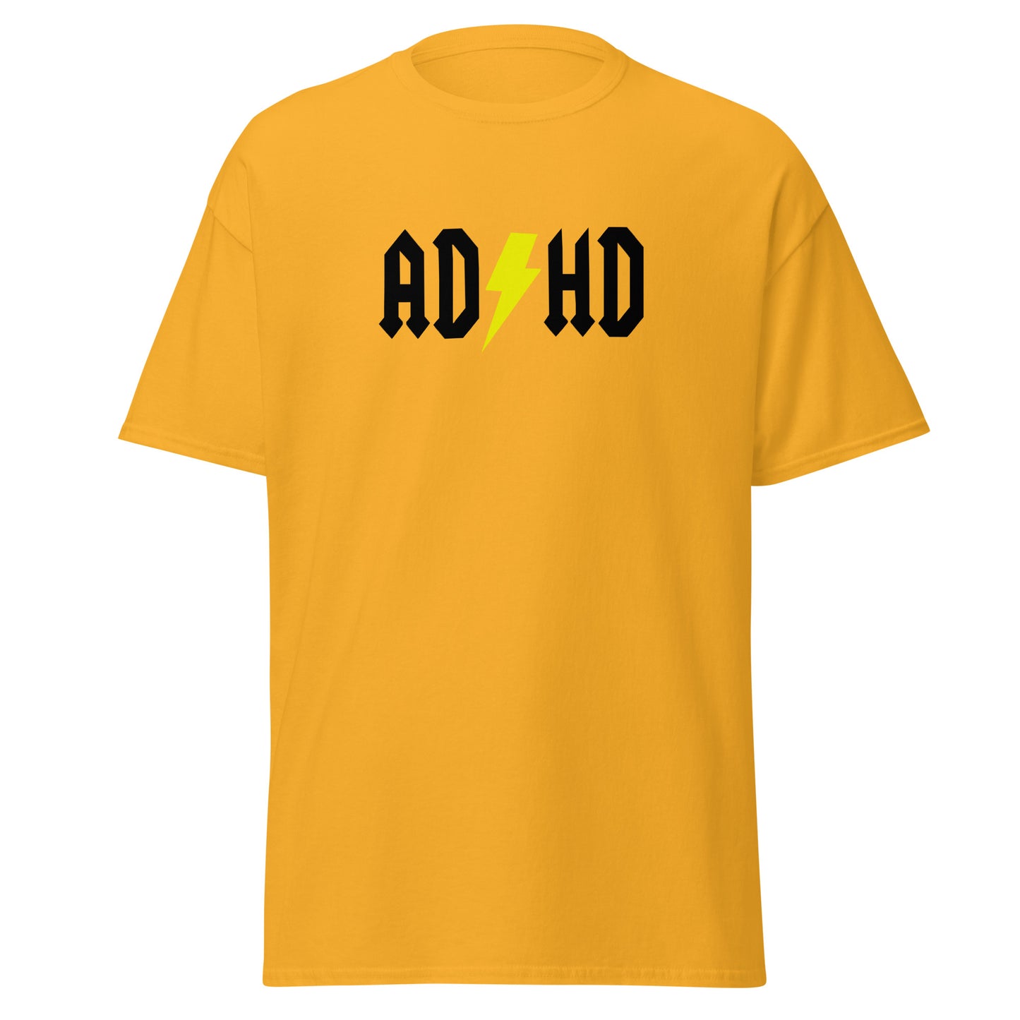The ADHD T-Shirt by FunnyDripStore features ADHD in bold white letters with a yellow lightning bolt as the second H, styled like the AC/DC logo—a great gift for anyone who loves funny graphic tees.