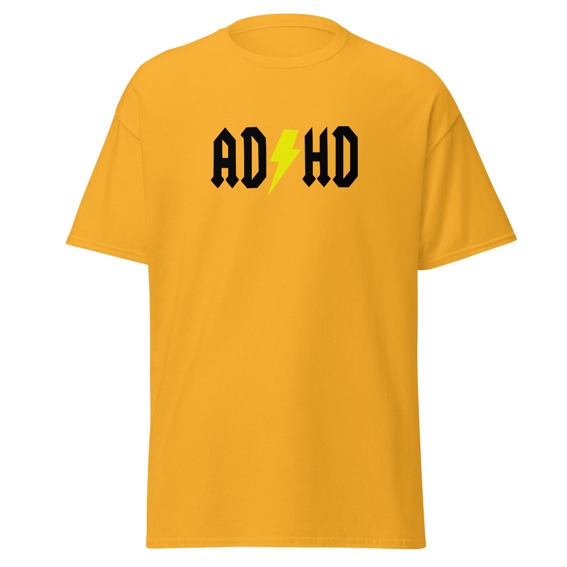 The ADHD T-Shirt by FunnyDripStore features ADHD in bold white letters with a yellow lightning bolt as the second H, styled like the AC/DC logo—a great gift for anyone who loves funny graphic tees.
