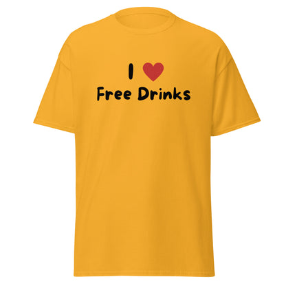 The I Love Free Drinks T-Shirt by FunnyDripStore features “I ❤️ Free Drinks” printed in black and red—an eye-catching, witty shirt perfect for fans of funny clothing.