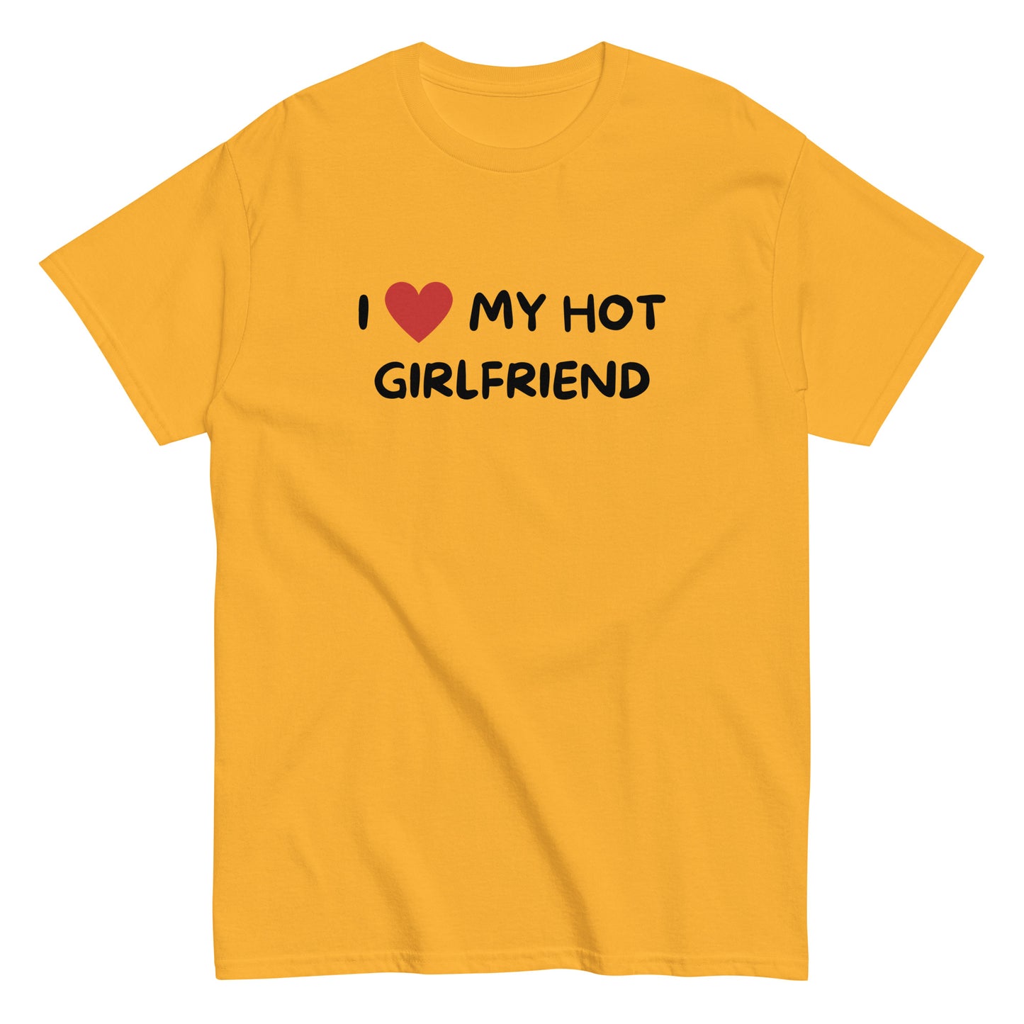 The I Love My Hot Girlfriend T-Shirt by FunnyDripStore features bold white lettering and a red heart on a purple shirt—a fun, standout choice for anyone who loves quirky and eye-catching clothing.